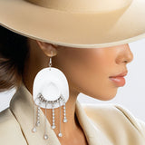 Fish Hook White Cowgirl Hat Fringe Earrings