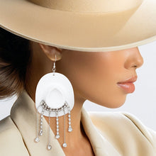 Load image into Gallery viewer, Fish Hook White Cowgirl Hat Fringe Earrings
