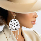 Fish Hook White Black  Cowgirl Hat Fringe Earrings