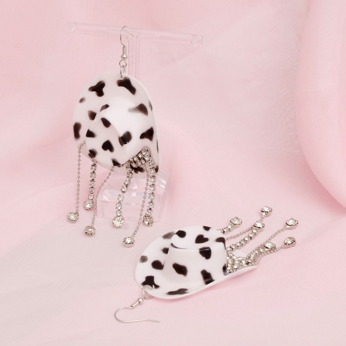 Fish Hook White Black  Cowgirl Hat Fringe Earrings