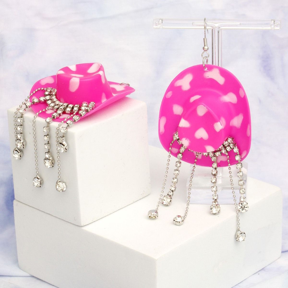 Fish Hook Fuchsia White Cowgirl Hat Fringe Earring