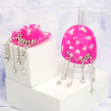 Fish Hook Fuchsia White Cowgirl Hat Fringe Earring