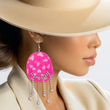 Fish Hook Fuchsia White Cowgirl Hat Fringe Earring