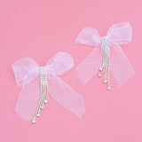 Tassel Pink Ribbon Bow Sparkling Fringe Earrings