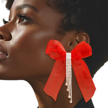 Load image into Gallery viewer, Tassel Red Ribbon Bow Sparkling Fringe Earrings
