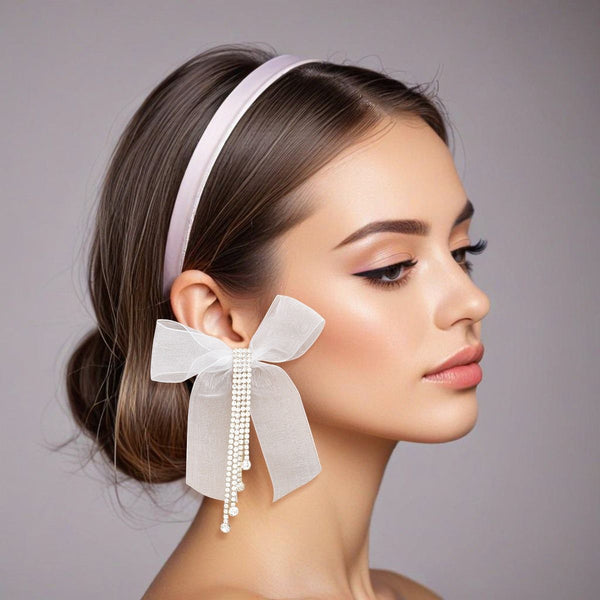 Tassel White Ribbon Bow Sparkling Fringe Earrings