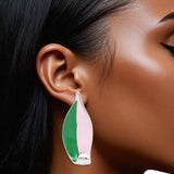 AKA Sorority Curved Leaf Pink Green Painted Studs