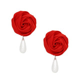 DST Red Rose White Pearl Teardrop Stud Earrings