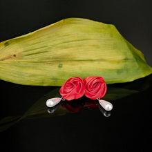 Load image into Gallery viewer, DST Red Rose White Pearl Teardrop Stud Earrings
