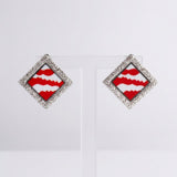 DST Crimson Wave Silver Framed Art Clip On Earrings