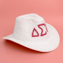 Load image into Gallery viewer, DST Sorority White and Red Pearl Fedora Hat Women
