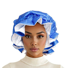 Load image into Gallery viewer, ZPB Sorority Blue White Satin Sleep Bonnet Cap
