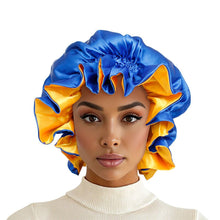 Load image into Gallery viewer, SGRHO Sorority Blue Gold Satin Sleep Bonnet Cap
