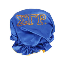 Load image into Gallery viewer, SGRHO Sorority Blue Gold Satin Sleep Bonnet Cap
