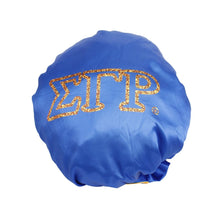 Load image into Gallery viewer, SGRHO Sorority Blue Gold Satin Sleep Bonnet Cap
