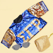 Load image into Gallery viewer, SGRHO Sorority Blue and Gold Sequin Jersey Shirt
