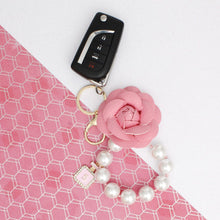 Load image into Gallery viewer, Keychain Pink Camellia Pearl Wristlet Bag Clip
