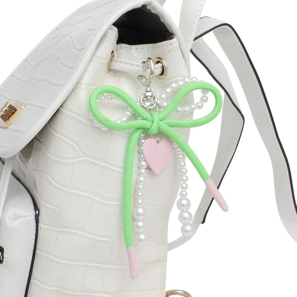 AKA White Pearl and Green Cord Bows Heart Bag Clip