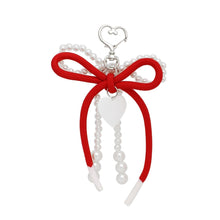 Load image into Gallery viewer, DST White Pearl and Red Cord Bows Heart Bag Clip
