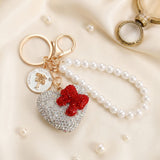 Clear Stone Encrusted Heart Pearl Keychain Clip