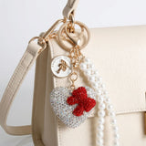 Clear Stone Encrusted Heart Pearl Keychain Clip