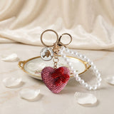 Pink Stone Encrusted Heart Pearl Keychain Clip