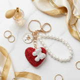 Red Stone Encrusted Heart Pearl Keychain Clip
