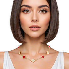 Cargar imagen en el visor de la galería, Necklace Gold Red Clover Station Pendant Women
