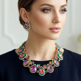 Pink Green Glass Teardrop Crystal Collar Necklace