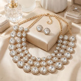 Gold Glass Halo Crystal 3 Row Collar Necklace
