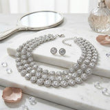 Silver Glass Halo Crystal 3 Row Collar Necklace