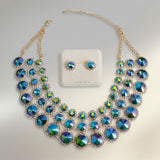 Green Glass Halo Crystal 3 Row Collar Necklace