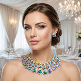 Green Glass Halo Crystal 3 Row Collar Necklace
