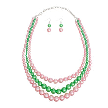 Load image into Gallery viewer, AKA Pearl Necklace Pink Green 3 Strand
