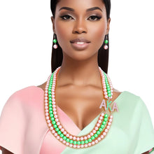 Load image into Gallery viewer, AKA Sorority Pink Green Long 3 Row Brooch Necklace

