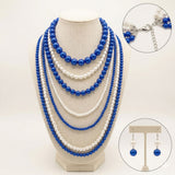 ZPB Sorority Blue White Pearl Long 7 Row Necklace