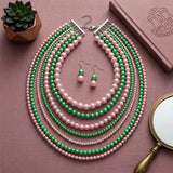 AKA Sorority Pink Green Pearl Long 7 Row Necklace