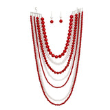 DST Sorority Red White Pearl Long 7 Row Necklace