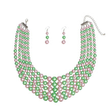 Cargar imagen en el visor de la galería, AKA Alternating Pink Green Pearl 5 Strand Necklace
