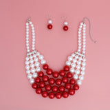 DST Chunky Red White Pearl Bib Necklace Set