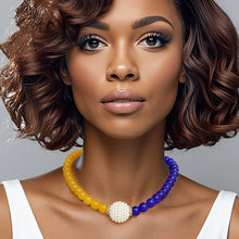 Cargar imagen en el visor de la galería, SGRHO Sorority Blue Gold Pearl Glass Bead Necklace
