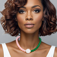 Cargar imagen en el visor de la galería, AKA Sorority Pink Green Pearl Glass Bead Necklace
