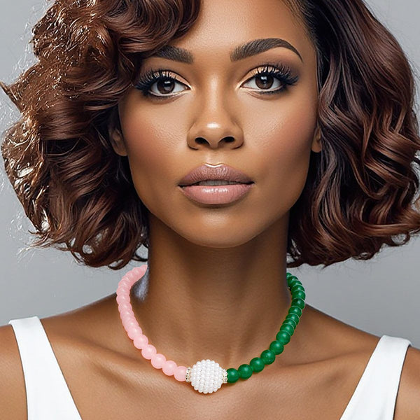 AKA Sorority Pink Green Pearl Glass Bead Necklace