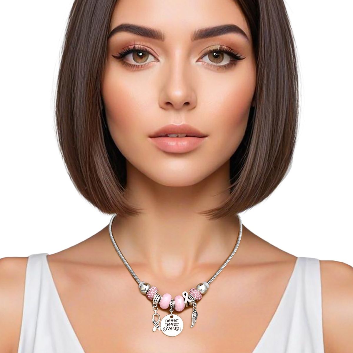 Breast Cancer Silver Never Give Up Charm Necklace