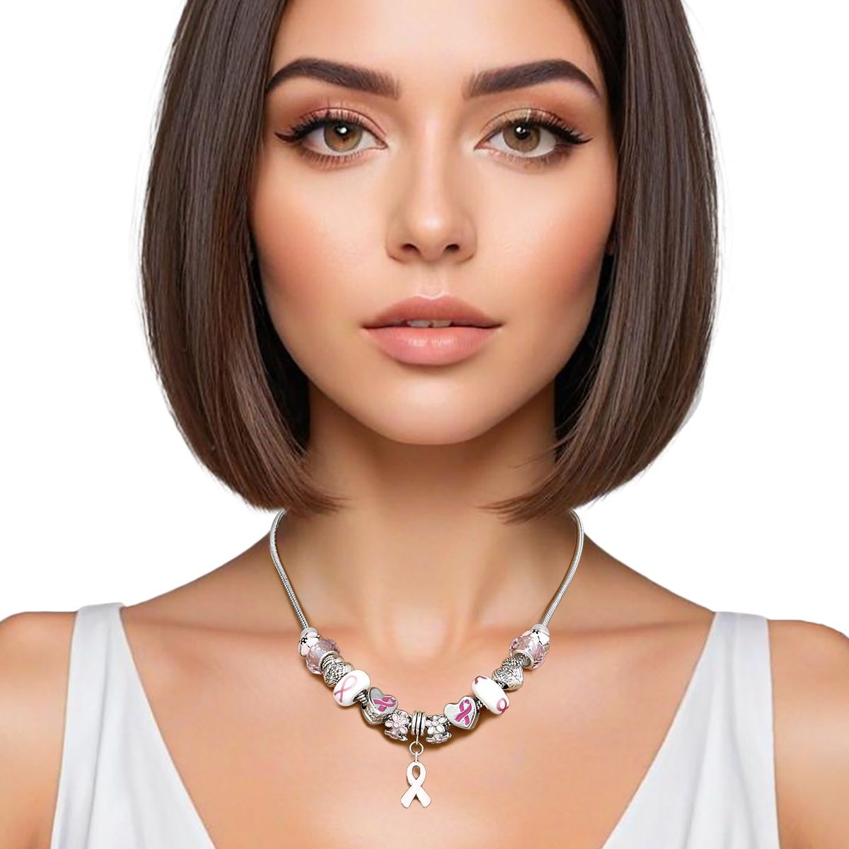 Breast Cancer Silver Hope Ribbon Charm Necklace