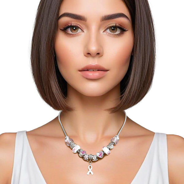 Breast Cancer Silver Hope Ribbon Charm Necklace