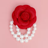 DST Sorority Red Flower Draped Pearls Brooch Pin