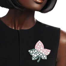 Load image into Gallery viewer, AKA Sorority Pink Green Ivy Leaf Wood Pearl Brooch
