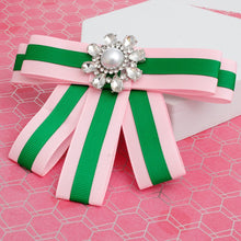 Load image into Gallery viewer, AKA Sorority Pink Green Bow Tie Style Brooch
