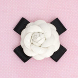 Brooch Clip White Faux Leather Camellia Ribbon Pin